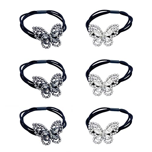 6Pcs Korean Fashion Scrunchies Rhinestone Crystal Butterfly Hair Ties Three Layers Hair Bands Accessories for Women Girls Ponytail Holder mix colors