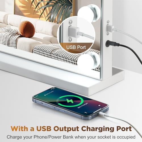 Hollywood Vanity Mirror with Lights, 15 Bulbs 23 x 18 Inch Makeup Mirror with USB Charging and 10x Magnification, Touchscreen 3 Lighting Modes