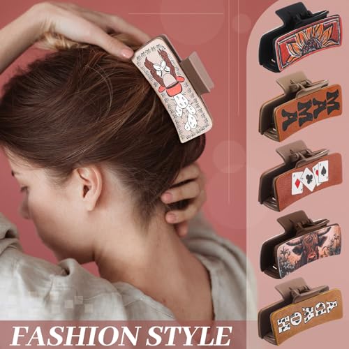 8 Pcs Western Hair Claw Clips Gifts Leather Highland Cow Print Large Hair Claw Clips Western Accessories Christmas Supplies for Women Long Short Hairstyle Gifts(Highland)