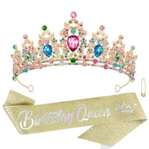Colorful Tiara Crown and Queen Sash for Women, Crystal Rhinestone Princess Accessories, Party Decorations and Gifts