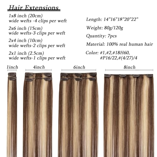 Savasana Clip in Hair Extensions Real Human Hair Straight 7 Pcs Balayage Clip in Hair Extensions Double Weft Thick Chocolate Brown to Caramel Blonde 18 Inch 120g