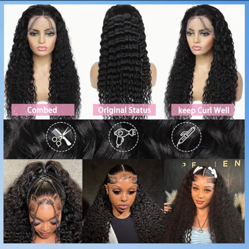 BIANFA 13x6 Natural Black Deep Wave Lace Front Wigs Human Hair 220% Density Curly HD Transparent Lace Frontal Glueless Wigs for Women 18Inch