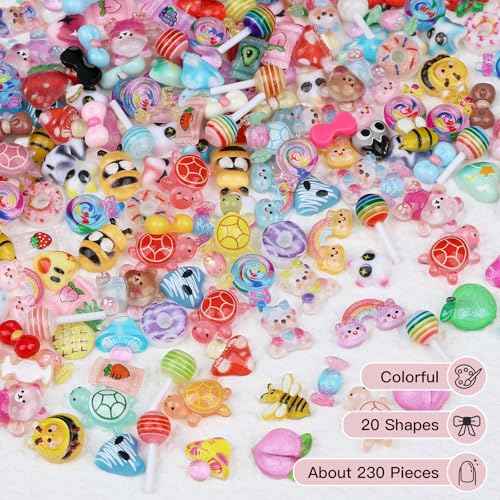 230Pcs Kawaii Nail Charms 3D Heart Candy Bow Charms Cute Turtle Bee Flatback Slime Charms 20 Shapes Assorted Nail Supplies for Women Girls Nail Art Design DIY Crafts