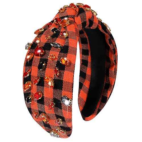 Halloween Headband for Women Rhinestone Crystal Knotted Headband Embellished Orange Black Plaid Top Knot Hairband Gothic Spooky Hair Accessories Outfits Costume Party Gifts (Halloween 1)