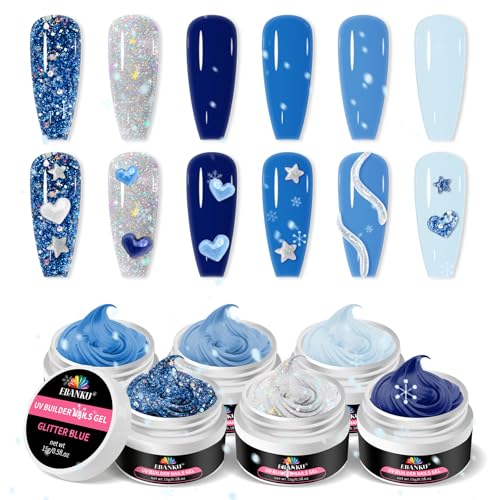 EABNKU Solid Builder Gel Kit, 6 Colors Blue Collection Glitter, Non Sticky Nail Extension & Sculpting Gel, 3D Molding, 15g*6 (3 OZ)
