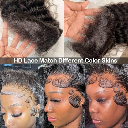 13x6 Deep Wave Lace Front Wigs Human Hair 200% Density HD Lace Frontal Wigs 12A Glueless Curly Wigs Human Hair Pre Plucked with Baby Hair Wet And Wavy Wigs for Black Women Natural Black 22 inch