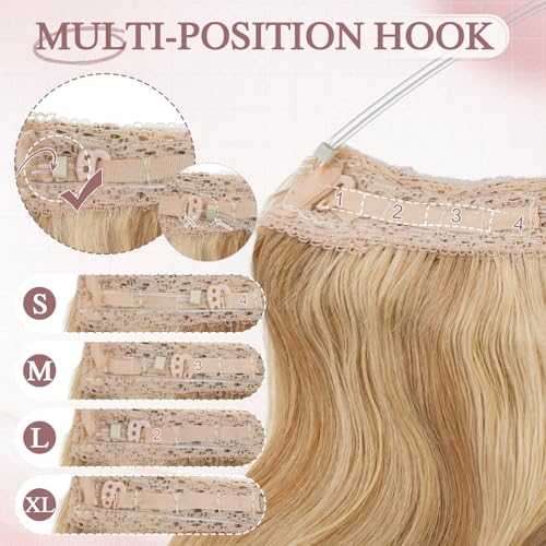 Halo Hair Extensions Real Human Hair Wavy Invisible Wire Hairpiece Adjustable One Piece With 2 Secure Clips For Women to Add Length,16 Inch 18P613 Gold Blonde Mixed Bleach Blonde,65g