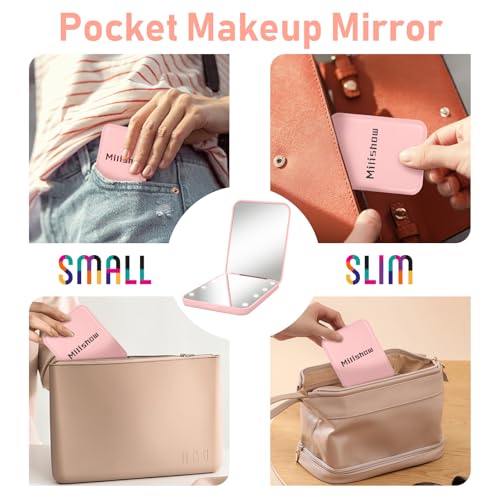 Compact Mirror, 1x/3x Magnifying LED Pocket Mirror, Small Lighted Travel Makeup Mirror for Purse, Handbag, Folding, Handheld, 2-Sided Mini Mirror with Lights for Women (Pink 1pack)