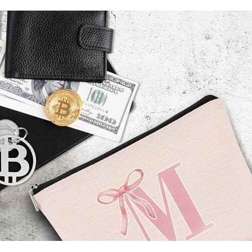 Initial Coquette Pink Bow Custom Makeup Bag,initial M Personalized Teen Girl Gifts,Trendy Preppy Cute Monogrammed Gifts Girly Makeup Pouch Zipper Pouch for Women Teen Girl