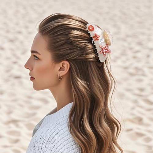 BVGA Sea Animal Hair Claw Clips Marine Life Starfish Seashell Pearl Crystal Claw Clips Cute Large Claw Hair Clips Beach Stylish Hair Accessories Gifts for Women Girls (Shell Starfish White)