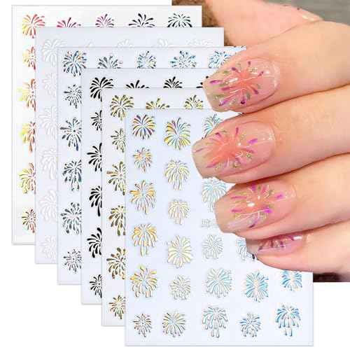 6 Sheets Christmas Nail Art Stickers 3D Self Adhesive Fireworks Nail Decals Gold Silver Seven Color Laser Nail Art Design Firework Sticker for Women Girls Xmas New Year DIY Christmas Nails Decoration