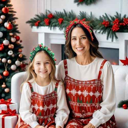 2 Pcs Christmas knotted Headbands for Women Girls Red Green Pearl Rhinestone Headband with Jewel Crystal Winter Christmas Holiday Gifts for Women