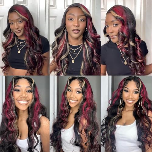 Red Blonde Highlight Wig Human Hair Body Wave Lace Front Wigs Human Hair Pre Plucked 180% Density Blonde Red Highlights 13X4 Transparent Glueless Colored Wig Human Hair for Women 16 Inch