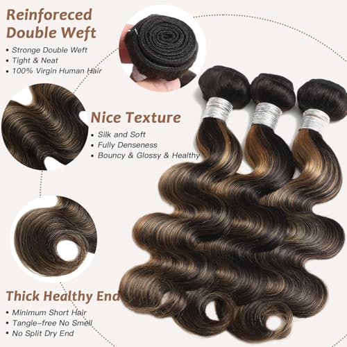 Honey Blonde Bundles Human Hair Highlighted Black and Blonde Bundles Body Wave Balayage Colored 12A 100% Brazilian Virgin Remy Human Hair 1b/27 Ombre Loose Wavy Sew In Weave 10 12 14 Inch