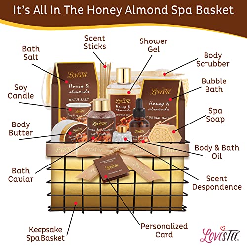 Mother's Day Spa Gift Baskets For Women, Honey Almond Body Set, Birthday Gift - Shower Gel, Bubble Bath, Body Butter, Bath Salt, Oil, Candle, Caviar, Soap, Home Diffuser, Scrubber