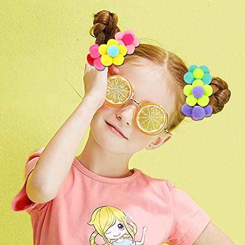 12pcs Flower Pom Poms Fluffy Ponytail Holders with Balls - Hair Accessories for Girls