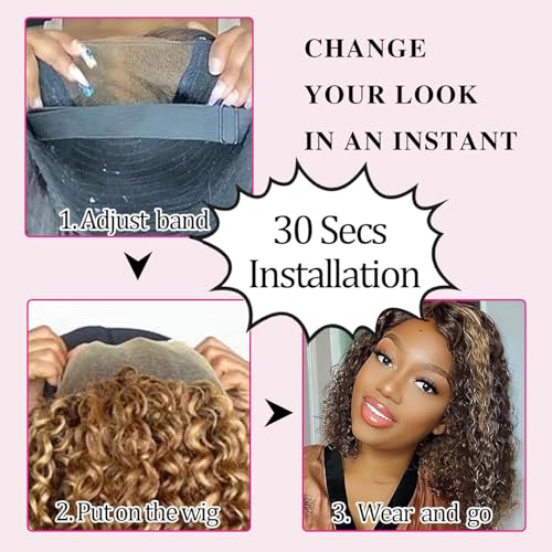 Wear and Go Glueless Wigs Human Hair Highglight Ombre Honey Blonde Curly Bob Wig 5x5 HD Pre Plucked Pre Cut Lace Closure Deep Wave Wig for Beginners Wet and Wavy Lace Front Wigs 16 Inch