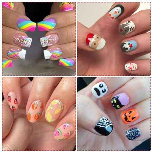 12 Sheets Nail Stickers for Kids Girls, Cute Season Holiday Designs Self-Adhesive Nail Art Decals Flower Watermelon Strawberry Unicorn Halloween Christmas Manicure Decorations