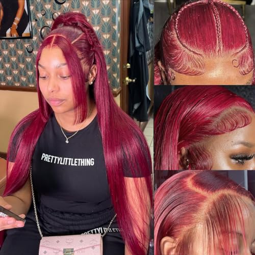 99j Burgundy Lace Front Wigs Human Hair 200 Density Straight 13x6 HD Lace Front Wigs Human Hair Pre Plucked Glueless Red Color Lace Front Wigs for Women 22 Inch