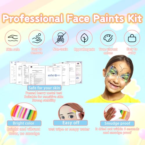 Professional Face Painting kit for Kids Adult Face Painter110 Colors Split Cake Face Paint 96 pcs Set Non-Toxic Washable & Safe with Brushes Sponges Glitter Stencils for Halloween Makeup Kit