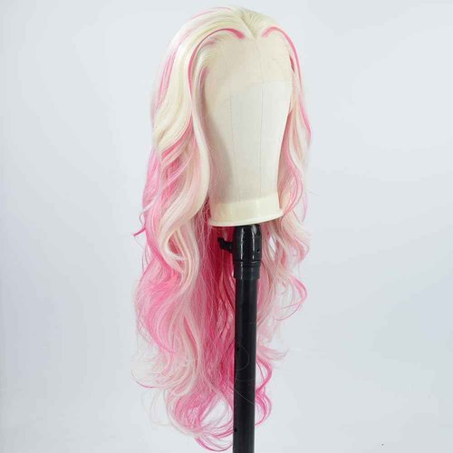ZHYWIGS Long Wavy Hot Pink White Lace Front Wig Pink Skunk Stripe Platinum Blonde New Synthetic Hair For Women