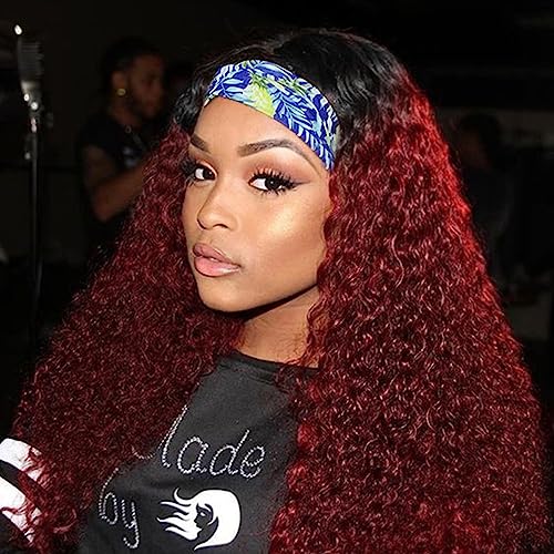 Curly Headband Wig for Black Women, Ombre Dark Red 100% Unprocessed Human Hair Wigs, Burgundy Color Red Wine None Lace Front Wigs with Headband (24'', 1B/Burgundy, Curly), Ombre 1B/99J, Curly