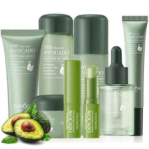 7pcs Avocado Skincare Kit, Skin Care Gift Set with Facial Cleanser, Toner, Lotion, Face Serum, Face Cream, Eye Cream, Lip Balm For Hydrating Skin Anti-Aging Skin For Women Teen Girls (7 Count)