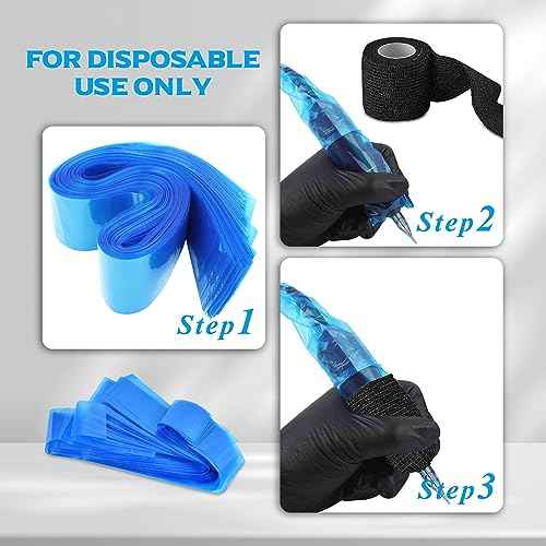 Clip Cord Covers with Tattoo Grip Tapes - 125pcs Clip Cord Sleeves and 6pcs Grips Tapes Blue PlasticTattoo Bags with Black Self-Adhesive Bandages Cover