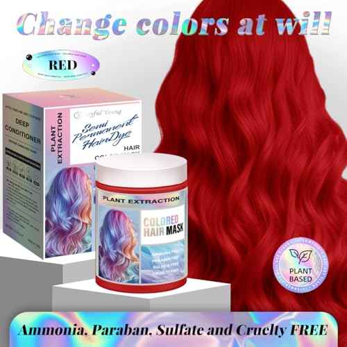 Vegan Semi Permanent Hair Color Mask - 10.15OZ Color Depositing Conditioner for Color-Treated Hair - Ammonia, Paraben, Sulfate & Cruelty-Free - Enhances & Tones Hair - Plant-Based (RED)