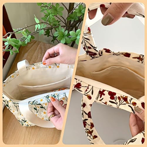 2PCS Small Tote Bag for Women Mini Canvas Embroidered Daisy Book Tote Bag Cute Corduroy Aesthetic Floral Reusable Bags for Grocery, Essentials, Water Bottle, Keys, Book, Bible