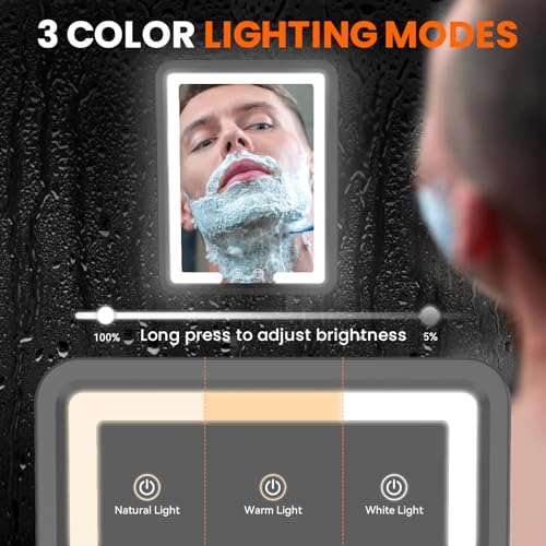 LED Fogless Shower Mirror for Shaving - Heated Fog Free, 3 Dimmable Lights, 360¡Æ Adjustable, Rechargeable - with Storage Tray, Razor & Shaving Brush Holders, Gifts for Men