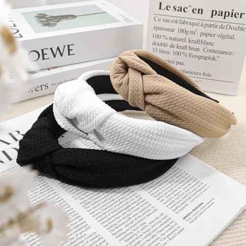 YanJie Knotted Headbands for Women and Girls Non Slip Hair Band Wide Bow Headband Fashion Waffle Head Band Hair Accessories Black and White 3PCS