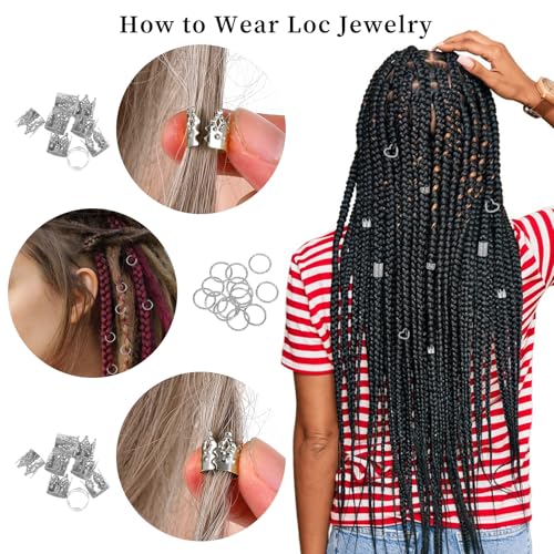190PCS Silver Hair Jewelry for Braids, Metal Hair Charms Cuffs Rings Clips, Silver Loc Jewelry for Women Men Dreadlock Accessories Decorations