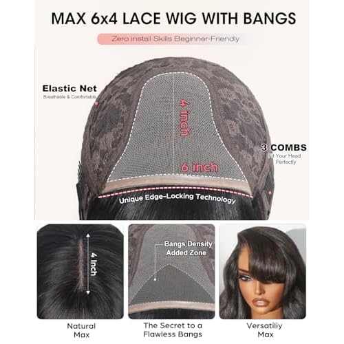 Straight Human Hair Wig with Bangs 4x6 Lace Closure Bang Wig 100% Burmese Virgin Human Hair Beginner Friendly Ready to Wear Glueless Wigs for Women 16 Inch