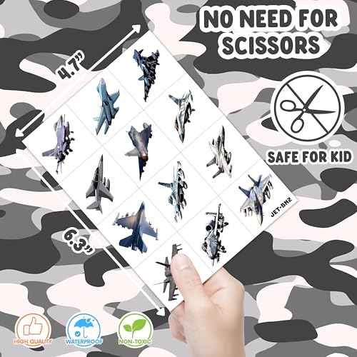 96PCS Jet Temporary Tattoos Pre-Cut Fighter Jet Birthday Party Decorations Party Favors Supplies Aircraft Plane Airplane Military Tattoos Stickers for Kids Boys Girls Gifts (Normal)