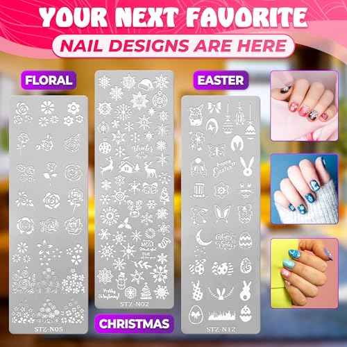 12 Pcs Nail Stamping Plate for Holidays - Nail Stamper Kit with 12 Different Themes, Beautiful Flower Stamp for Nails Art Design - Stylish Stamping Plates Set to Design Unique Nails