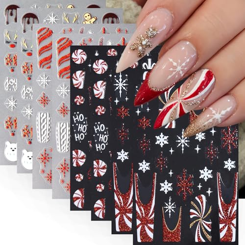 8Pcs Christmas Nail Stickers 5D Embossed Nail Decals Glitter Xmas Candy French Snowflake Gift Bow Elk Bear Nail Design Christmas Gingerbread Man Nails Supplies for Women Winter Holiday Manicure DIY