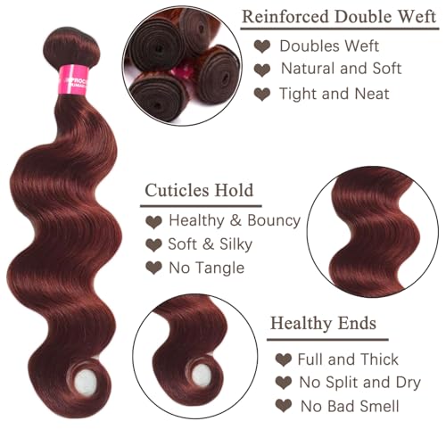 10A Cooper Red Human Hair Bundles with Closure Body Wave Reddish Brown Bundles Human Hair with Closure 12 14 16+12 Free 33B Cooper Red Brazilian Body Wave Hair