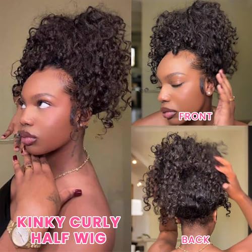 WOWANGEL Kinky Curly Half Wig Human Hair 3-in-1 Glueless Headband Wig with Drawstring, 200 Density Seamless Clip-Ins & Flip Over Design for Black Women,Natural Black(1B#),16 inch