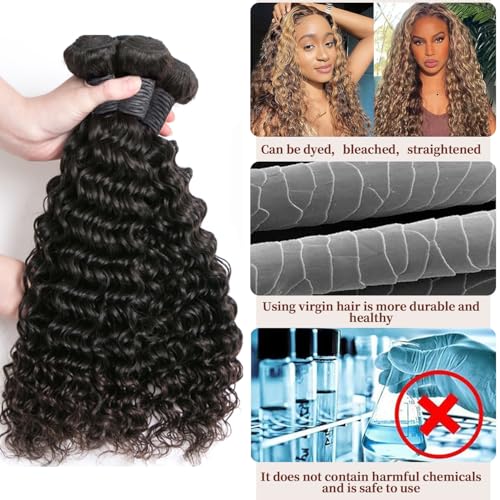 Deep Wave Bundles Human Hair Brazilian Virgin Hair Weave 3 Bundles Deep Curly 12A Grade Unprocessed Human Hair Extensions Natural Black 100g/pc 16 18 20 Inch