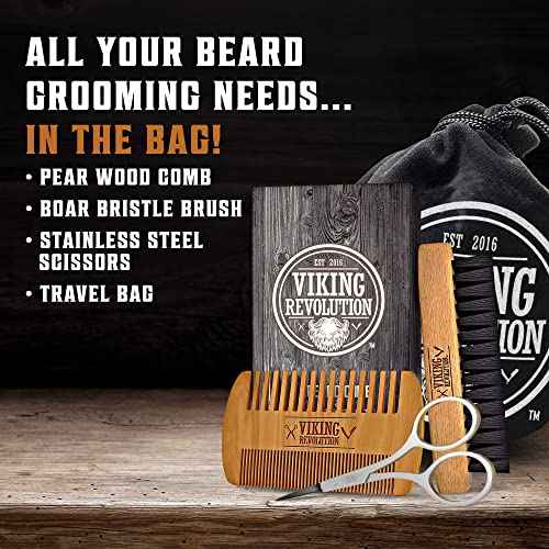 Viking Revolution Beard Comb & Beard Brush Set for Men -- Natural Boar Bristle Brush and Dual Action Pear Wood Comb w/Velvet Travel Pouch - Great for Grooming Beards and Mustaches