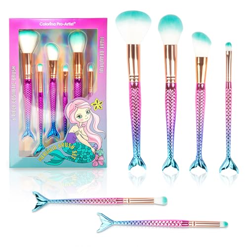6 Piece Mermaid Makeup Brush Set Cute Girl Makeup Brush Set Beauty Makeup Tools Female Beauty Concealer Cream Brush, Suitable for Girls, Teenagers and Children Gifts (Colour1)