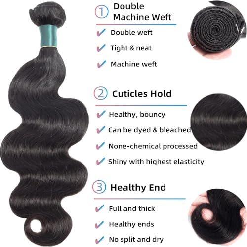 12A Bundles With Closure Human Hair 16 18 20+14 Inch,Body Wave Human Hair Bundles With 4X4 Hd Lace Closure,100% Unprocessed Brazilian Virgin Hair Weave Natural Black Color