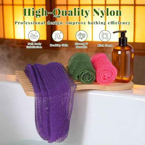 African Net Sponge Authentic, 3 Pieces Exfoliating Scrubber Bath Sponge for All Skin Types, Back Scrubber Loofah Washcloth for Shower, Gentle Exfoliation, Gift 1 Travel Bag (Purple, Pink, Dark Green)