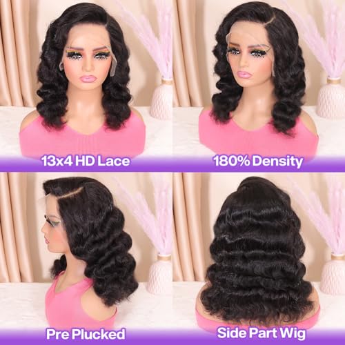Hihmarm Body Wave Bob Wig Human Hair 13x4 Hd Lace Frontal Wigs Human Hair Pre Plucked Loose Wave Bob Lace Front Wigs For Black Women 180% Density Glueless Wig Natural Black 16 Inch