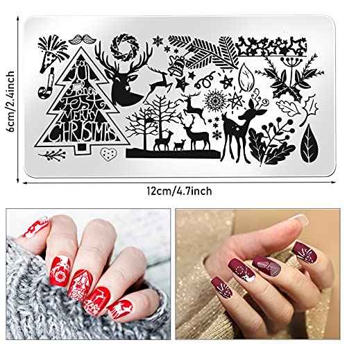 Maitys 10 Pieces Christmas Nail Stamping Plate Nail Stamp Kits Santa Reindeer Snowflake Tree Bell Winter Image Nail Template for Women Christmas DIY Nail Stencils