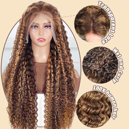 Honey Blonde 13x6 Deep Wave Lace Front Wigs Human Hair 22 inch 4/27 Highlight Ombre Deep Wave HD Transparent Lace Front Wigs Pre Plucked 200% Density Wet And Wavy Curly Lace Frontal Wig for Women