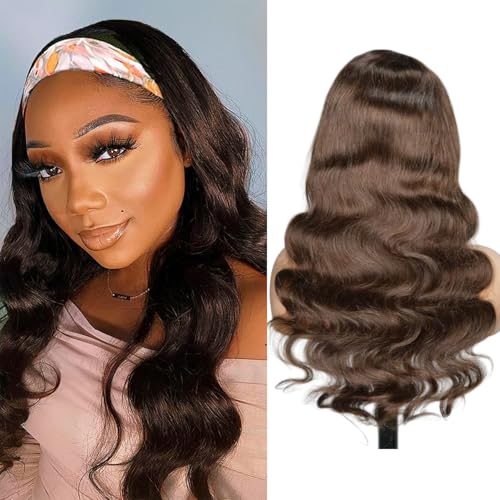 Headband Wig Human Hair Body Wave Headband Wigs for Black Women human hair #4 Brown Color Wear and Go Glueless Wig 100% Brazilian Virgin Human Hair Headband wig 150% Density(20inch)
