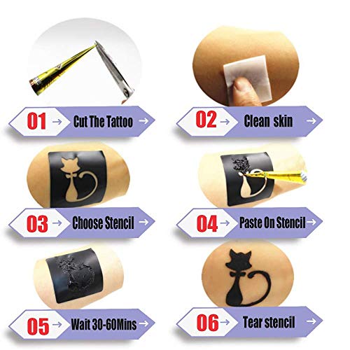 Temporary Tattoo kit£¬4Pcs Tattoo Cones,100% Natural Ready to Use Black Tattoo Paste, India Body DIY Art Painting for Women Men Kids with 20 Adhesive Stencils, 1 Bottle, 4Nozzles