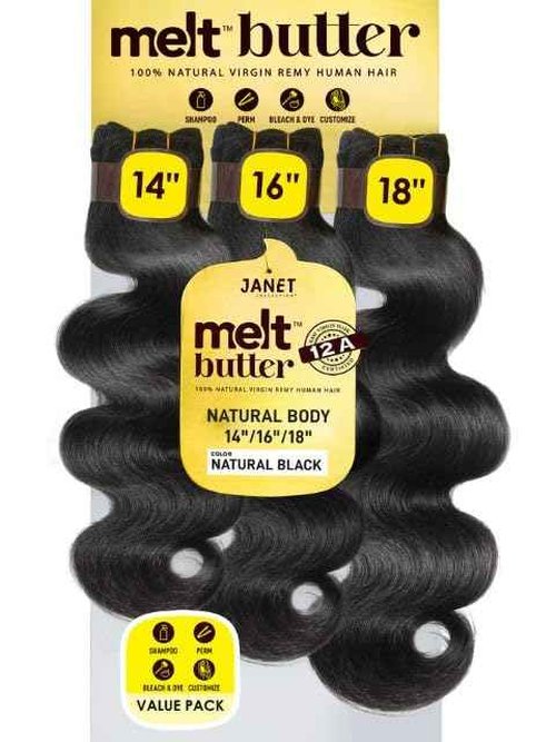 Janet Collection melt butter 12A 100% Natural Virgin Remy Human Hair NATURAL BODY 3Bundles Deal Natural Black Color (Natural Black, 10"12"14")